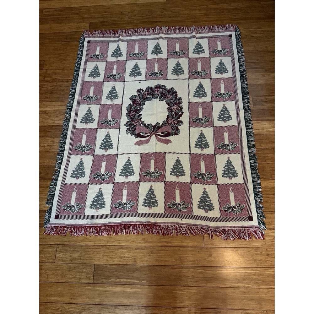 Fieldcrest Christmas Afghan 51"x62" w/Trim Green Red White Wreath Trees Candles